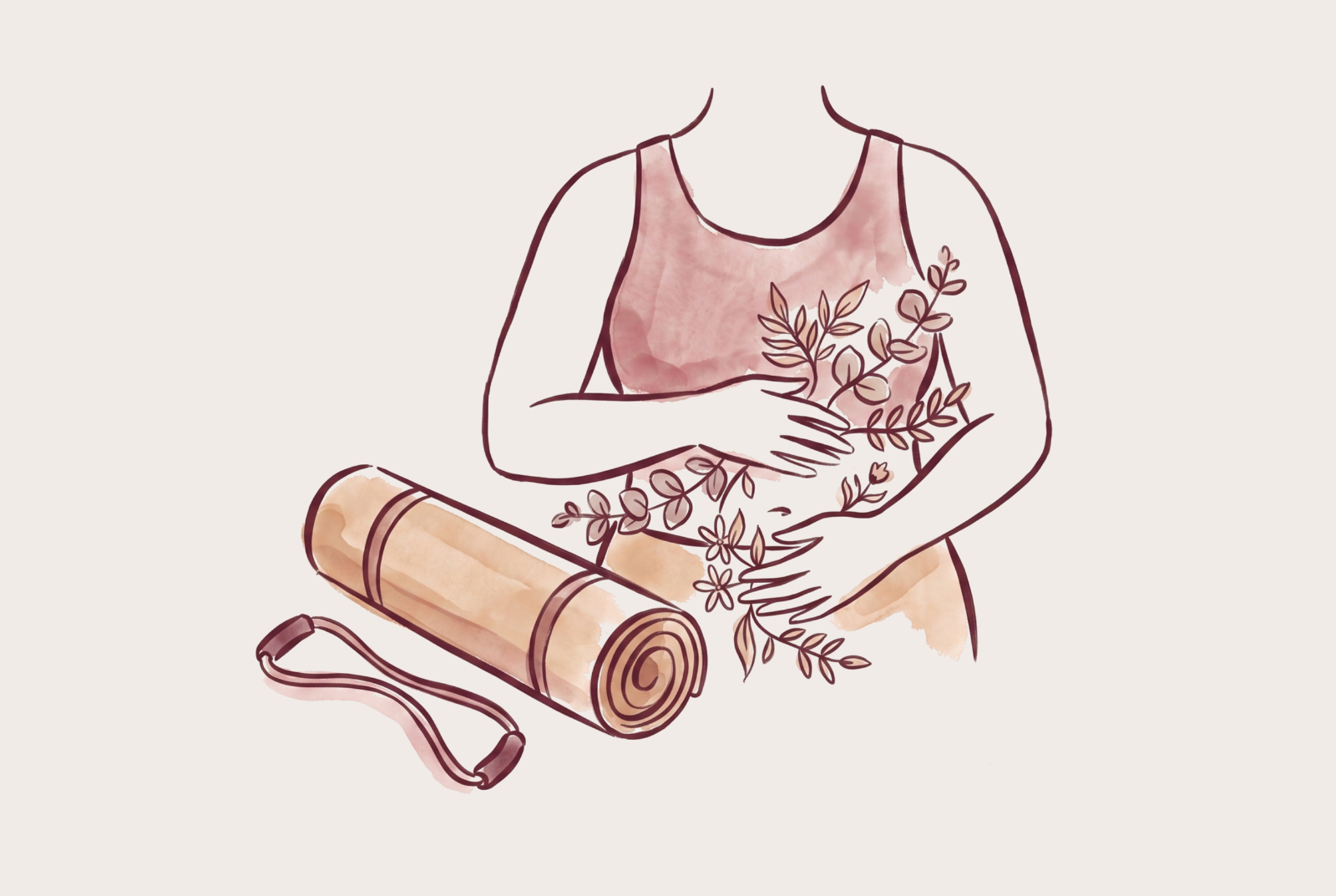 Illustration: A faceless torso in soft linen rests hands gently over the midline of the belly, beside a rolled mat and resistance band. Delicate eucalyptus and jasmine vines weave between the fingers, leaving the surrounding frame entirely empty.