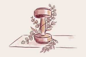 Illustration: A heavy dumbbell stands upright on a neutral exercise mat. Trailing eucalyptus vines and delicate olive sprigs weave gracefully through the handle and base, set against an empty, minimalist background.