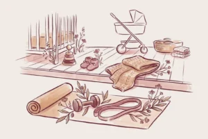 Illustration: A single light dumbbell rests beside a looped resistance band on a minimalist floor mat. Tender olive branches and delicate chamomile stems weave gently through the equipment against an expansive, empty background.